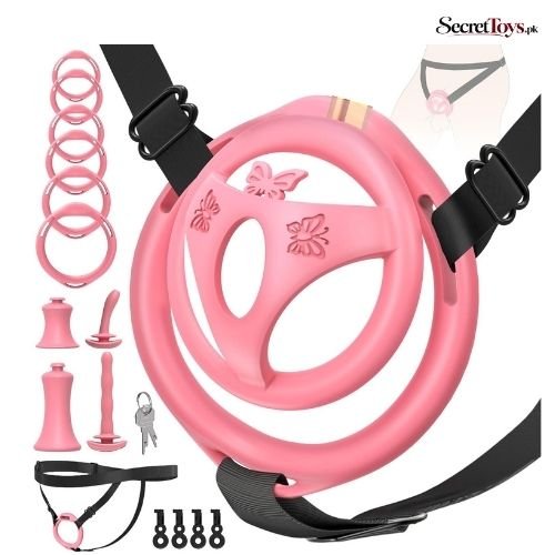 Adjustable Chastity Cage for Men with 6 Cock Rings