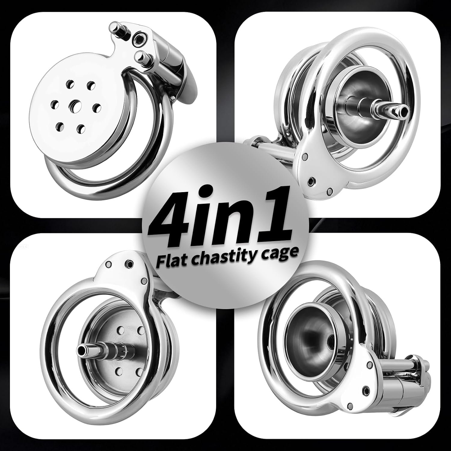 4 in 1 Stainless Steel Chastity Cage with Belt and Lock thumbnail 3
