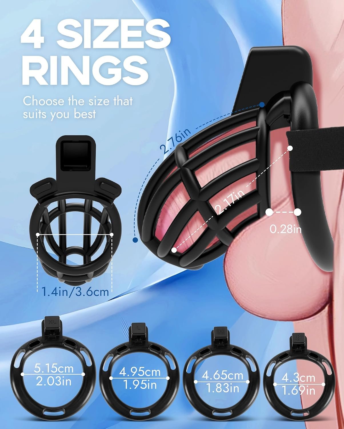 Adjustable Male Chastity Cage with 4 Size Rings thumbnail 3