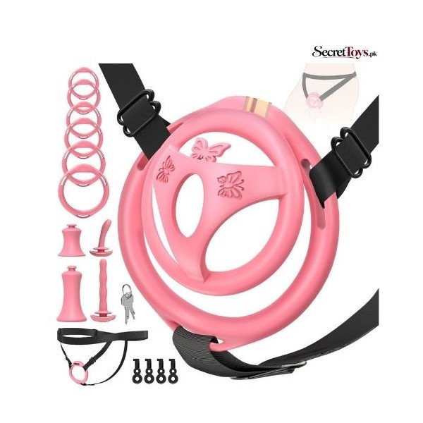 Adjustable Chastity Cage for Men with 6 Cock Rings